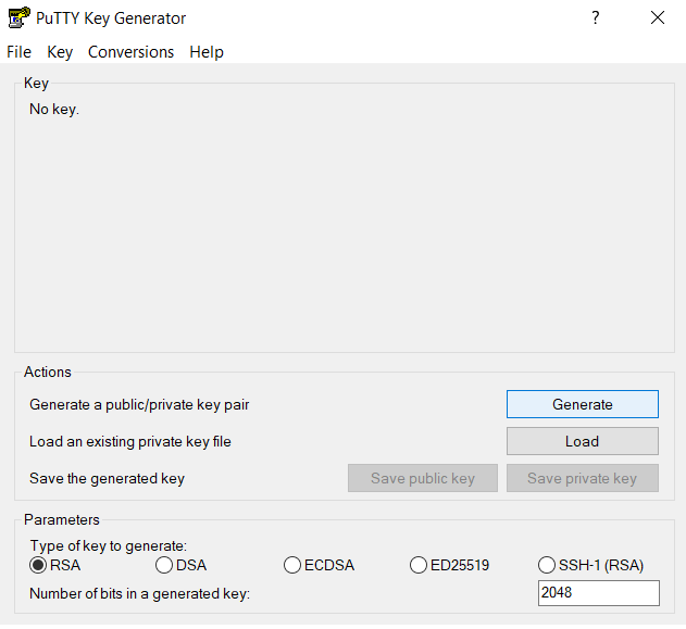 Janela de geração de chaves com o Putty.